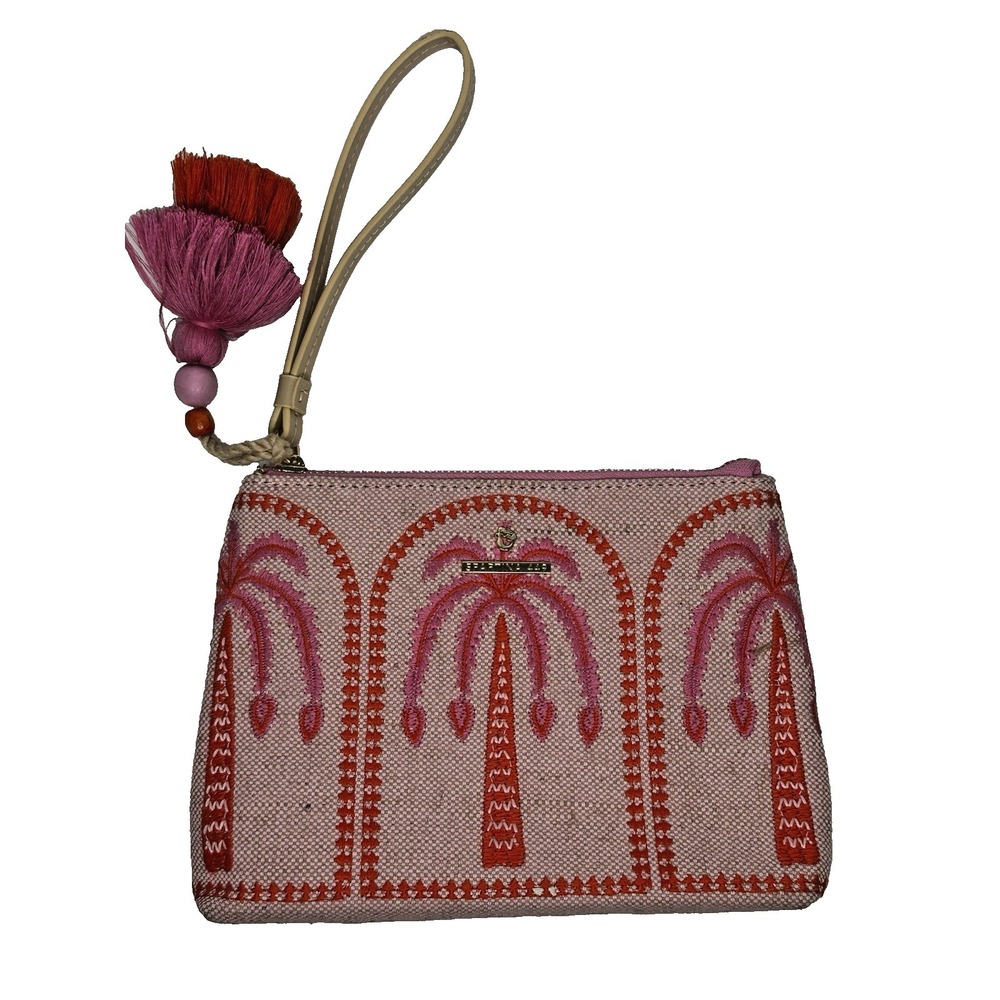 Spartina 449 Carina Wristlet Purse Clutch Richmond Hill Pink Palms Pom Poms